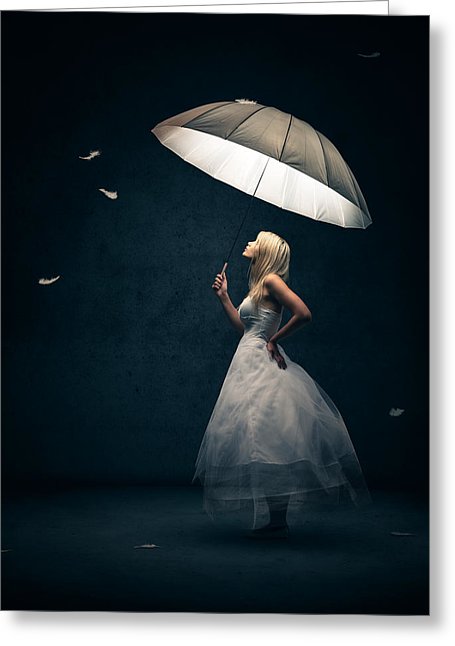 Girl With Umbrella And Falling Feathers Greeting Card