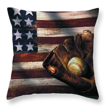Folk Art American Flag And Baseball Mitt Throw Pillow