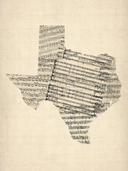 University Wall Art - Digital Art - Old Sheet Music Map Of Texas by Michael Tompsett