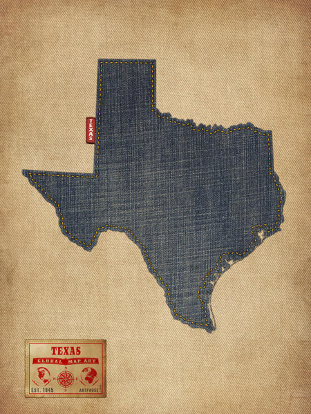 University Wall Art - Digital Art - Texas Map Denim Jeans Style by Michael Tompsett