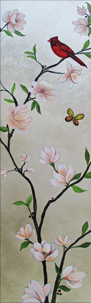 Peacock Wall Art - Painting - Chinoiserie - Magnolias And Birds #3 by Shadia Derbyshire