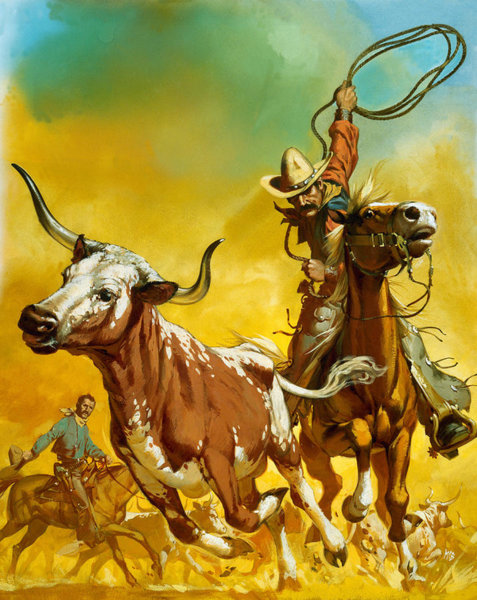 University Wall Art - Painting - Cowboy Lassoing Cattle  by Angus McBride