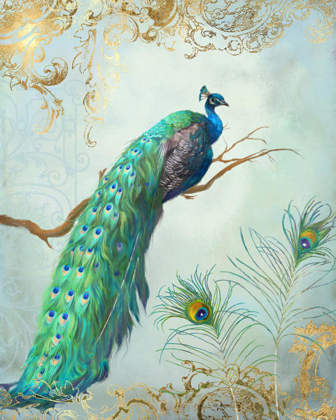 Peacock Wall Art - Painting - Regal Peacock 1 On Tree Branch W Feathers Gold Leaf by Audrey Jeanne Roberts