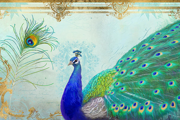 Peacock Wall Art - Painting - Regal Peacock 2 W Feather N Gold Leaf French Style by Audrey Jeanne Roberts