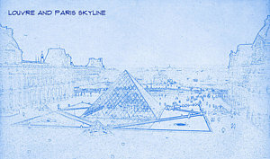 Paris Skyline Wall Art - Digital Art - Louvre And Paris Skyline  - Blueprint Drawing by MotionAge Designs