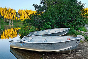 Wall Art - Photograph - Pair Of Boats On A Lake In Mammoth Lakes During Sunrise In California by Jamie Pham