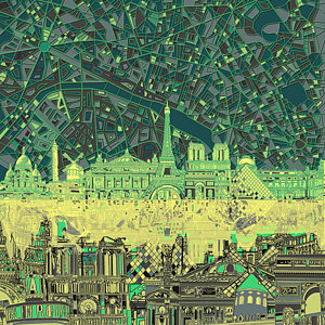 Paris Skyline Wall Art - Painting - Paris Skyline Abstract Green by Bekim Art