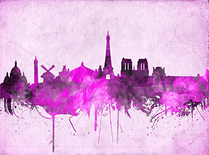 Paris Skyline Wall Art - Painting - Paris Skyline Watercolor Purple by Bekim Art