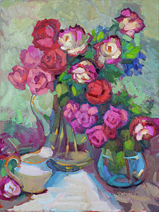 Wall Art - Painting - Roses In Two Vases by Diane McClary