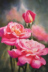 Wall Art - Painting - Blushing Roses With Bud by Sharon Freeman