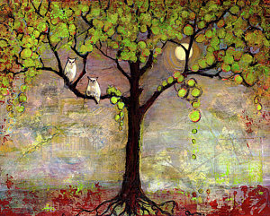 Birds Wall Art - Painting - Moon River Tree Owls Art by Blenda Studio