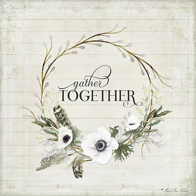 Wall Art - Painting - Rustic Farmhouse Gather Together Shiplap Wood Boho Feathers N Anemone Floral 2 by Audrey Jeanne Roberts