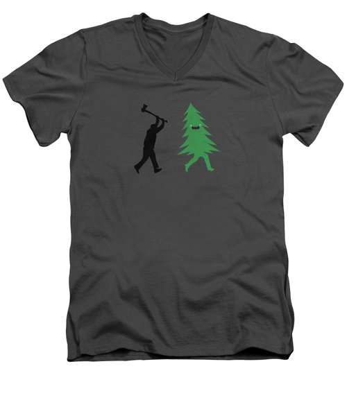 Funny Cartoon Christmas Tree Is Chased By Lumberjack Run Forrest Run Men's V-Neck T-Shirt