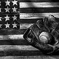 Folk art American flag and baseball mitt black and white by Garry Gay