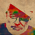 Ernest Hemingway Watercolor Portrait on Worn Distressed Canvas by Design Turnpike