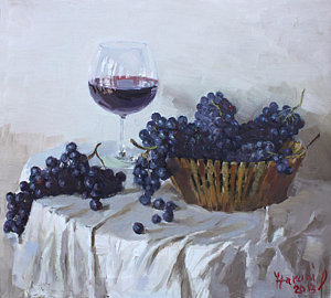 Wall Art - Painting - Blue Grapes And Wine by Ylli Haruni