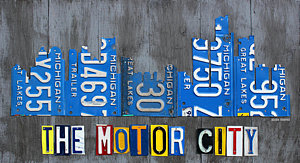 Wall Art - Mixed Media - Detroit The Motor City Skyline License Plate Art On Gray Wood Boards  by Design Turnpike