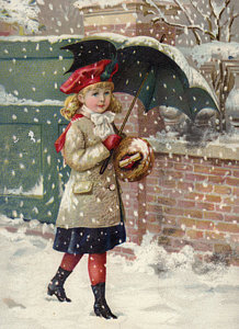 Wall Art - Painting - Girl With Umbrella In A Snow Shower by American School