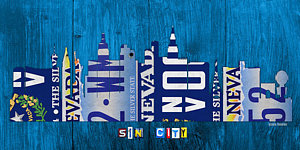 Wall Art - Mixed Media - Las Vegas Nevada City Skyline License Plate Art On Wood by Design Turnpike