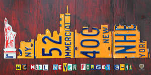 Wall Art - Mixed Media - New York City Skyline License Plate Art 911 Twin Towers Statue Of Liberty by Design Turnpike
