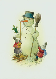 Wall Art - Painting - Snowmann And Rabbits by Kestutis Kasparavicius