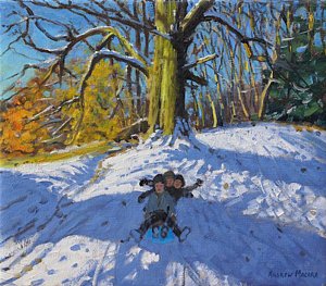 Wall Art - Painting - Three On A Sledge Allestree Park Derby by Andrew Macara
