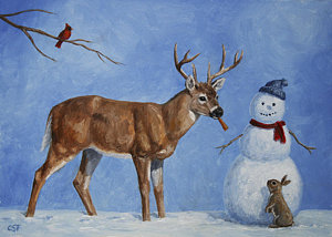 Wall Art - Painting - Whitetail Deer And Snowman - Whose Carrot? by Crista Forest