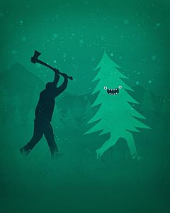 Wall Art - Digital Art - Funny Cartoon Christmas Tree Is Chased By Lumberjack Run Forrest Run by Philipp Rietz
