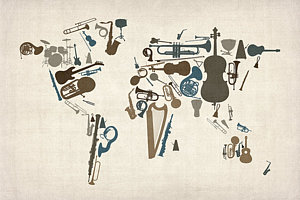 Wall Art - Digital Art - Musical Instruments Map Of The World Map by Michael Tompsett