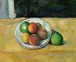 Wall Art - Painting - Still Life With A Peach And Two Green Pears by Paul Cezanne