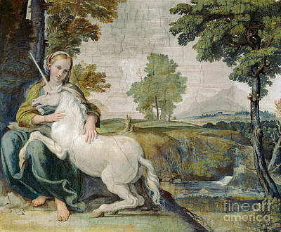 Wall Art - Painting - The Maiden And The Unicorn by Celestial Images