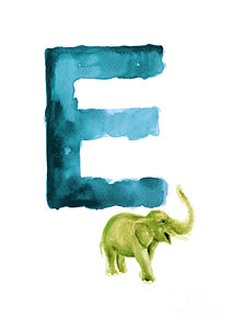 Wall Art - Painting - Watercolor Alphabet E Green Elephant Art. by Joanna Szmerdt